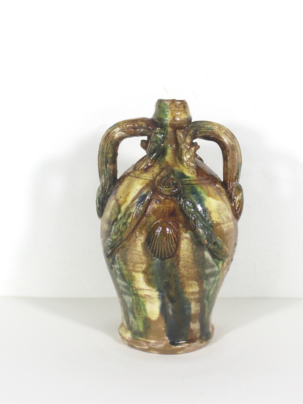 Antique Mediterranean Sea Life Clay Pottery Vase with Handles Shells Folk Art